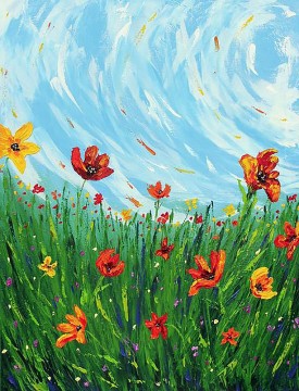 フラワーズ Painting - ワイルドフラワーの空の草原の花の壁の装飾